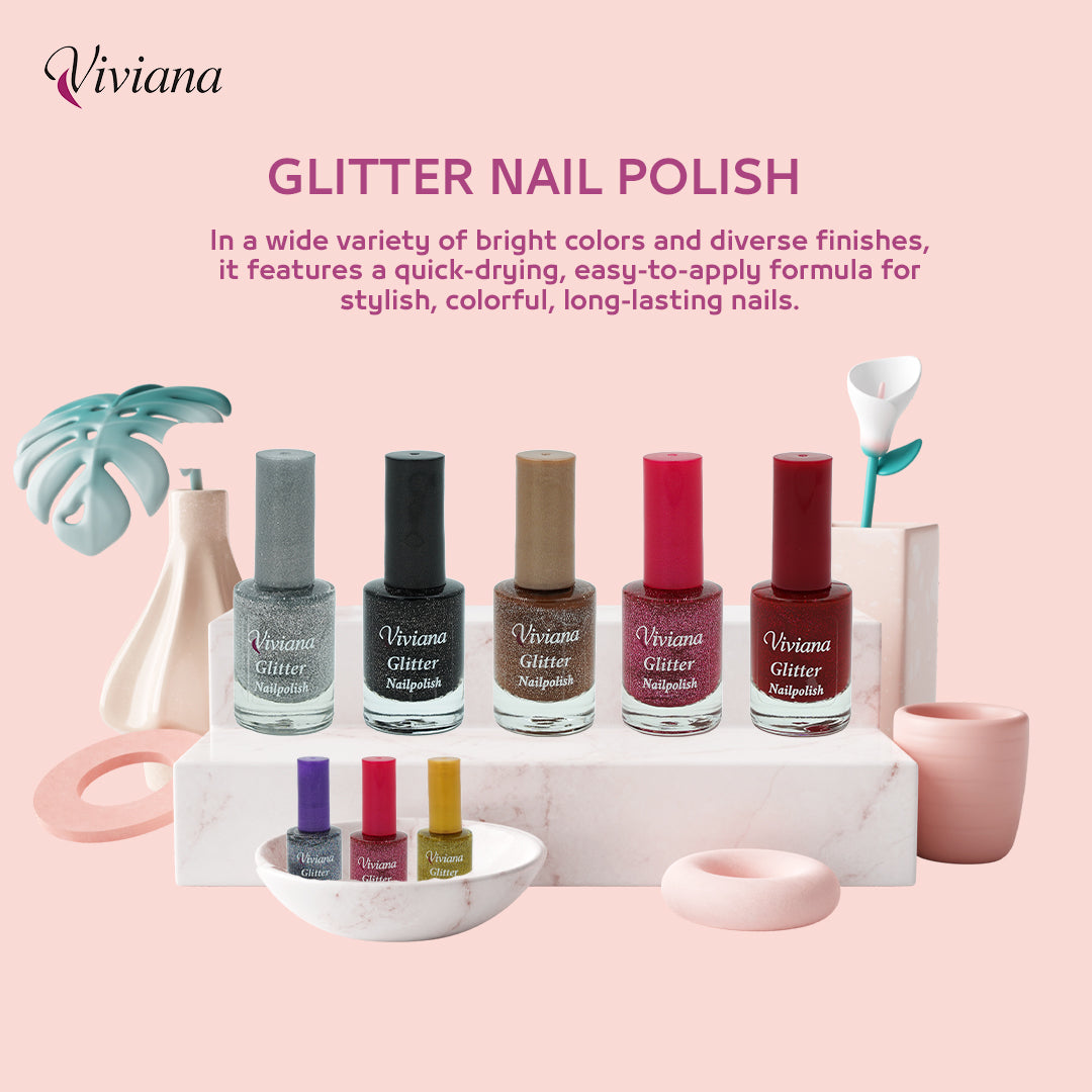 Viviana glitter nail polish set on a decorative stand with a pink background