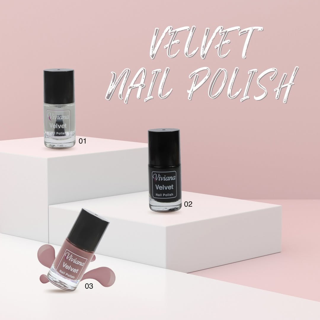 Three bottles of Viviana Velvet nail polish on a pink and white background with 'Velvet Nail Polish' text.